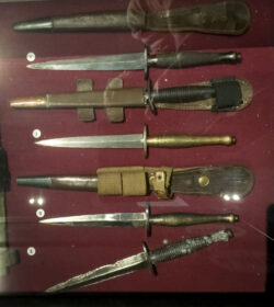 A selection of 2nd and 3rd pattern Fairbairn Sykes daggers carried by troops of the 1st Airborne Division on display at the Airborne Museum Hartenstein. Photo: Julian Tennant