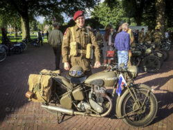Airborne dispatch rider re-enactor and his BSA M20 motorcycle at the commemoration event held at the museum each September. Photo: Julian Tennant airborne museum hartenstein BSA M20 motorcycle