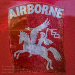 Unusual one-piece, printed, Airborne and Pegasus patch on display at Memorial Pegasus. Photo: Julian Tennant