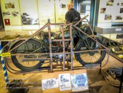 Royal Enfield 'Flying Flea' (or WD/RE to use its official title) motorcycle in the carriage frame used to transport the bikes on Horsa Gliders. On the ground, it was used for reconnaissance, communications and proved itself invaluable during the battle when beset with radio communication problems, commanders relied on these motorcycles to relay messages. Photo: Julian Tennant Arnhem Glider Museum Wolfheze