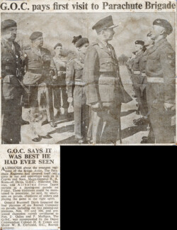 Major-General R.A. Bramwell Davis, G.O.C., Aldershot District inspecting newly graduated recruits from Airborne Forces Depot Recruit Company Platoons 103 and 104. Private Bill Jacobs is the soldier on the right speaking with the General.