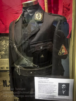 Dutch Nationaal-Socialistische Beweging in Nederland (NSB) uniform. The printed caption in Dutch referred to Carolus Huygen, the Secretary General of the NSB fron 1940. However it did not indicate whether this uniform was his or belonged to another member.