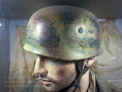 German fallschirmjäger (paratrooper) helmet on display at the Arnhem Oorlogsmuseum 40-45. Photo: Julian Tennant