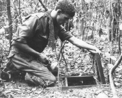 An Australian sapper looks into a Viet Cong tunnel in the Ho Bo Woods, north-west of Saigon, during Operation CRIMP. This operation marked the first time Allied (US and Australian) forces discovered and explored the VC's extensive tunnel network.