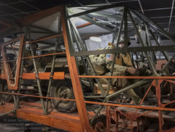 Detail of a Waco CG-4 glider that has been stripped of it's canvas skin to reveal the support struts, control cables and cargo of the glider. Photo: Julian Tennant US Paratrooper's D-Day Experience Museum. Saint-Côme-du-Mont, Normandy