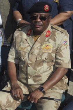 Inspector General of the Namibian Police Sebastian Ndeitunga. The distinctive SRF qualifcation can be seen embroidered onto the left breast of his shirt. August 2014