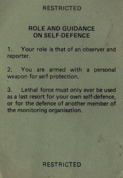 Op AGILA. Commonwealth Monitoring Force Rules of Engagement (ROE) card.