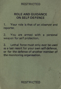 Op AGILA. Commonwealth Monitoring Force Rules of Engagement (ROE) card.