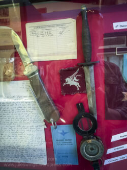 German parachutist's Gravity Knife, rare British Beaded & Ribbed' pattern Fairbairn Sykes commando dagger and other 6th Airborne Division objects on display at Memorial Pegasus. Photo: Julian Tennant
