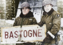 Anthony McAuliffe (left) and one of his officers in Bastogne, Belgium, December, 1944. The commander of the U.S. Army’s 101st Airborne would go down in history for his defiant, one syllable reply to a German surrender ultimatum. 101st Airborne Museum Bastogne