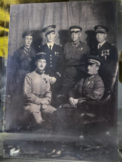 An official Russian photograph presented to the French delegation that visited the Moscow-Tushino Central Flying Club for training in 1935. Shown are two French aviators, Benoît Durieux, standing second from left, and Frédéric Geille (standing right) wearing the Soviet instructor’s badge and accompanied by their Soviet teachers. Their interpreter, and the head of the French military delegation, Engineer Battalion Commander Péchaud Chalret du Rieu, was responsible for drafting the delegation’s report outlining Red Army paratroop equipment and doctrine. Musée Mémorial des Parachutistes