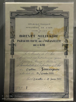 The first French parachutist certificate. Presented to Captain Henri Sauvagnac on 18 November 1938.
Sauvagnac commanded the 601e Groupes d’Infanterie de l’Air (GIA) 2/601 company from 1937 to 1940. He is considered one of the fathers of the French Airborne Forces, setting a new freefall record of 74 seconds in 1937. In addition to receiving the first certificate, Sauvagnac was presented the first French parachute brevets (initially bullion and then in 1946 metal as per the image below). He retired as the commander of the 25th Parachute Division in 1958. Musée Mémorial des Parachutistes