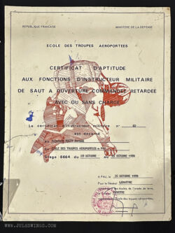 Military Free-Fall /Chuteur Opérationnel parachutist Instructor certificate accompanying brevet number 62 awarded in 1978.