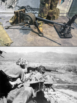 French 7.5mm MAC mle 1931 "Reibel" machine gun with vertical side mounted 150 round drum magazine. The lower photograph shows Viet Minh soldiers with a captured Reibel at Dien Bien Phu, March 1954.