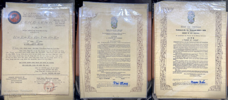 FAKE French Indochina Period Vietnamese Airborne unit certificates. Photo: Julian Tennant Dan Sinh War Surplus Market