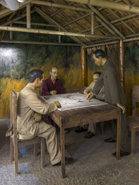 Meeting of the Politburo of the Party's Central Executive Committee to discuss strategy in the winter-spring of 1953-54. Tin Keo, Dinh Hoa Province, Thai Nguyen. Left to Right: General Secretary Truong Chinh, President Ho Chi Minh, Deputy Prime Minister Pham Van Dong and General Vo Nguyen Giap. Photo: Julian Tennant Dien Bien Phu Victory Museum