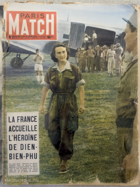 French Paris Match magazine, 12 June 1954, featuring French military nurse Geneviève de Galard in Luang Prabang, Laos, following her release from Viet Minh captivity. Dubbed the "Angel of Dien Bien Phu" by the French press, de Galard became stranded at Điện Biên Phủ when mechanical problems prevented her evacuation shortly before the airstrip was rendered unusable by enemy artillery. Throughout the 57-day siege she served in the underground field hospital, treating hundreds of wounded soldiers until the fortress fell on 7 May 1954.
French media celebrated de Galard as the only woman present during the battle, overlooking the contribution of the seven Vietnamese and eleven Algerian women of the Bordel Militaire de Campagne (BMC), the military field brothel established to serve the garrison. As casualties mounted and medical staff became overwhelmed, these women volunteered as nurses and stretcher-bearers, working alongside medical personnel under constant bombardment. Unlike de Galard, they received little public recognition. Captured by the Viet Minh after the fall of Điện Biên Phủ, none survived captivity. Photo: Julian Tennant Dien Bien Phu Victory Museum