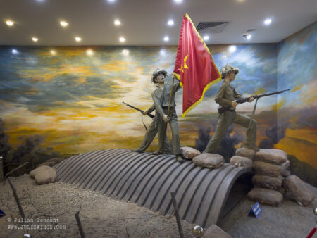 Victorious Viet Minh troops on the roof of de Castries bunker. Photo: Julian Tennant Dien Bien Phu Victory Museum
